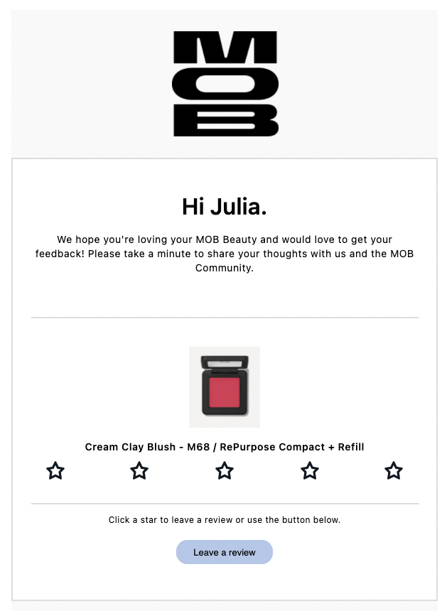MOB Beauty review request email using Junip template
