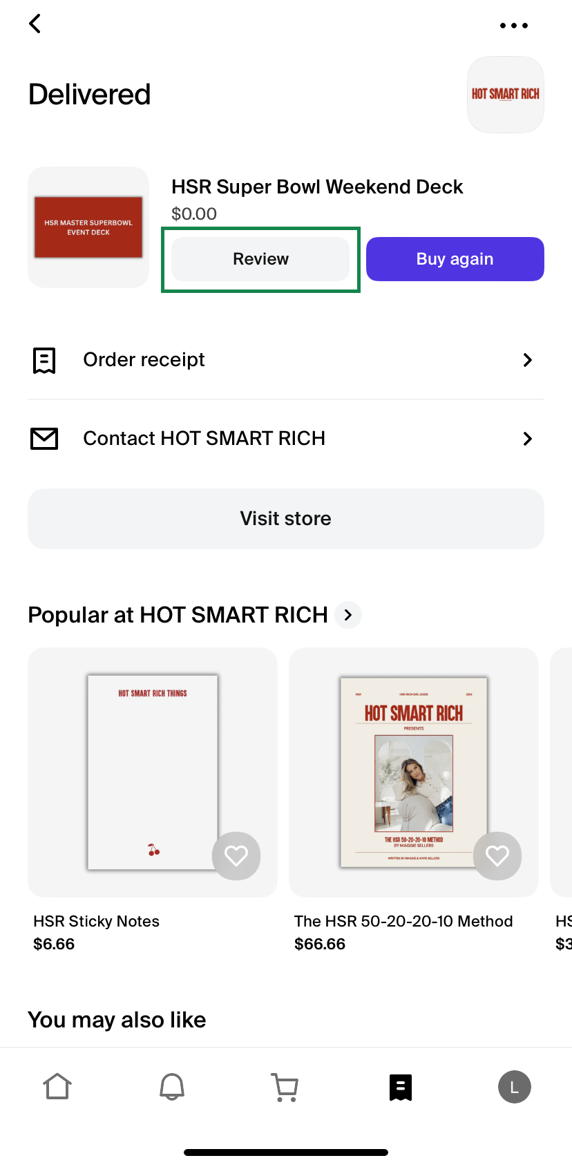 Shop App review prompts on order history page