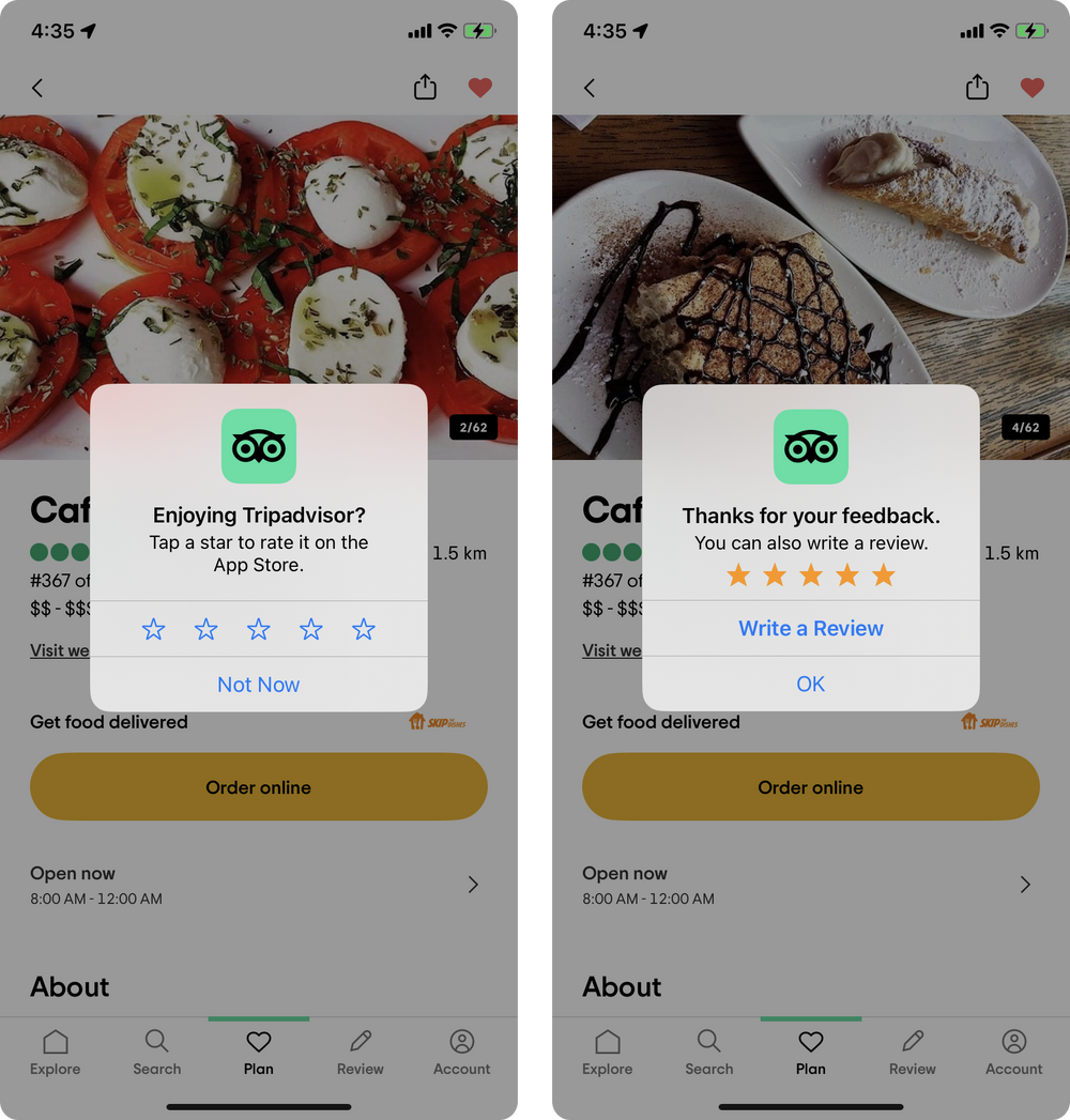 Tripadvisor in-app app store review request
