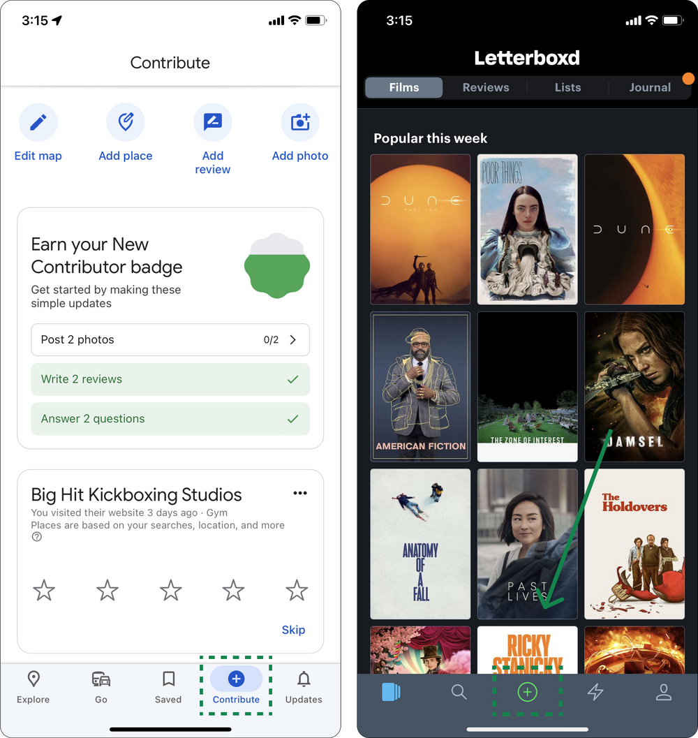 Letterboxd and Google Maps account pages to leave reviews