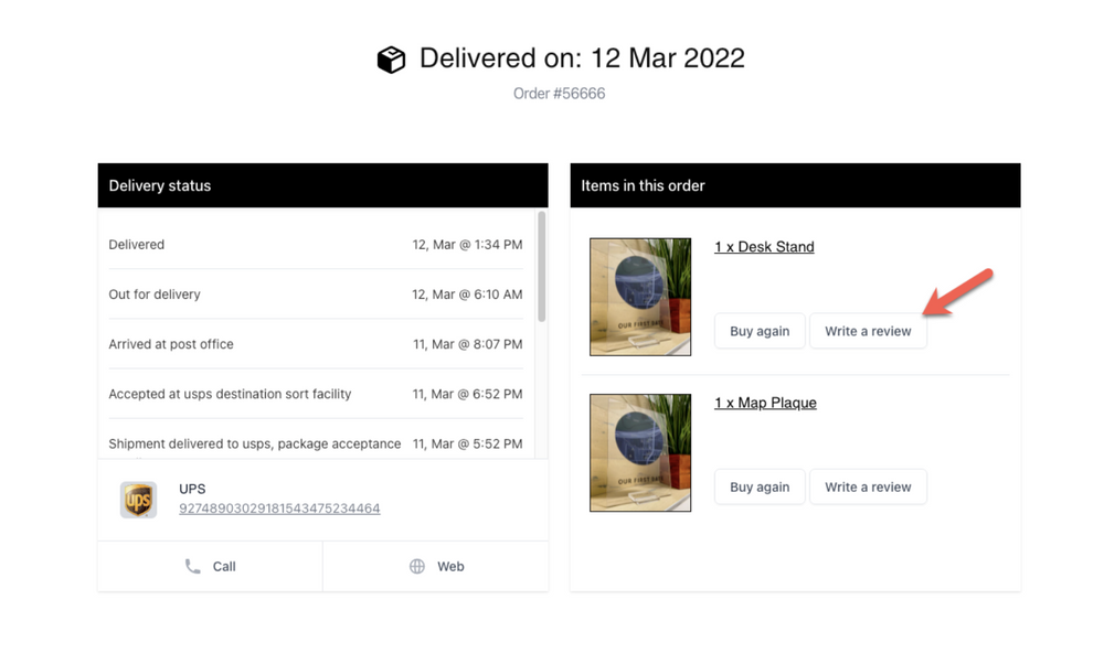Leave a review button on the order tracking page