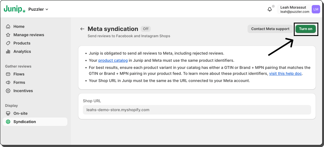 Turning on Meta syndication in Junip