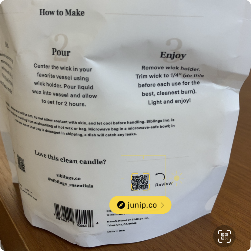 QR code review link on Siblings' product packaging